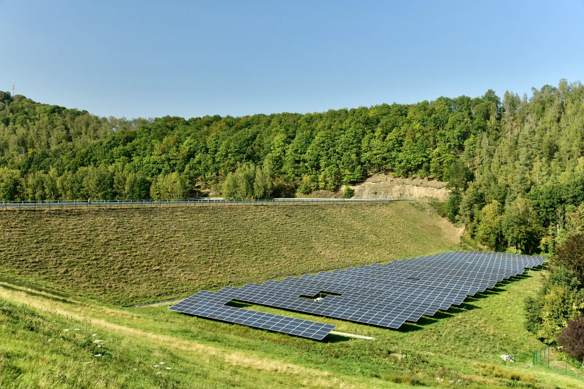 Photovoltaik-Anlage auf Grünland in einem bewaldeten Tal